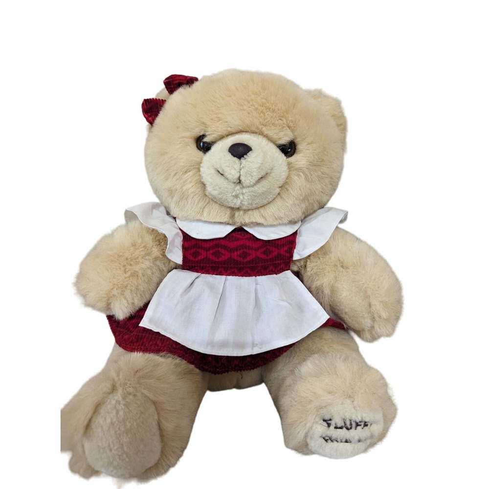 Fluffy Friends Teddy Bear Plush Tan Red Corduroy Dress White Pinafore 11 Inch